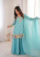 Sky Blue Heavy Embroidered Crunchy Silk Sharara Suit Set
