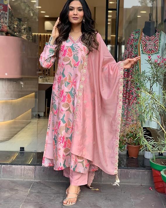 Designer Pink Printed Embroidery Work Salwar suit