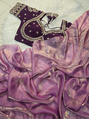 Beautiful Heavy Space Silk Saree With Designer Stitched Blouse