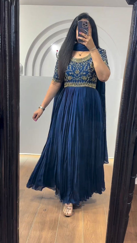 Attretive Chinon Silk Real Mirror Work Gown