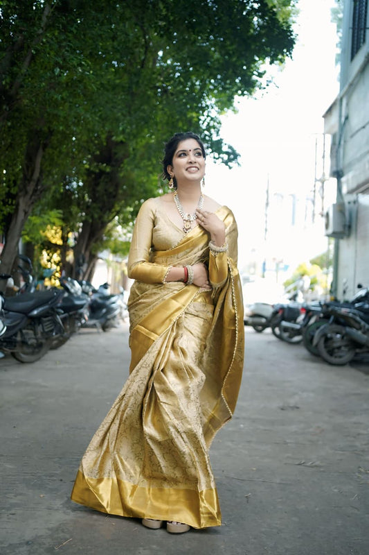 Golden Beauty Tissue Silk Beautiful Ghungroo & Pearl Border Work Saree