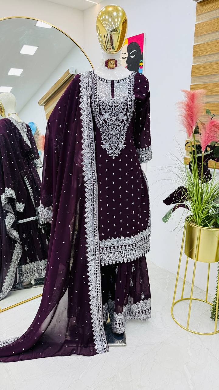 Designer Party-wear Embroidery & Sequence Work Sharara Suit