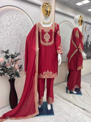 Designer Party Wear Chinon Silk Embroidery Codding & Sequins Work Dress