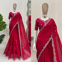 Royal Red Tibby Silk Thread & Sequence Work Saree