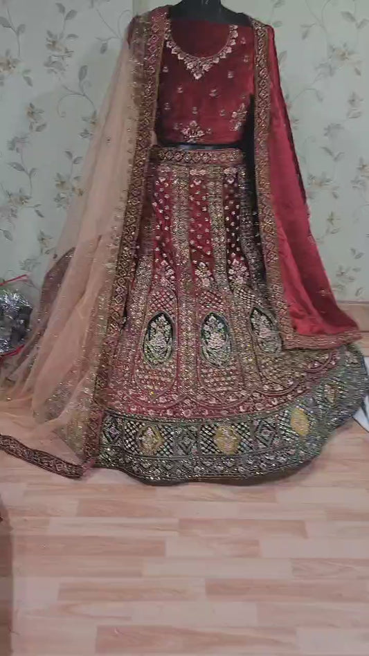 Heavy Pure Lycra Velvet Zarkan Work Multi Colour Double Duppata & Double Cancan Bridal Lehenga Choli